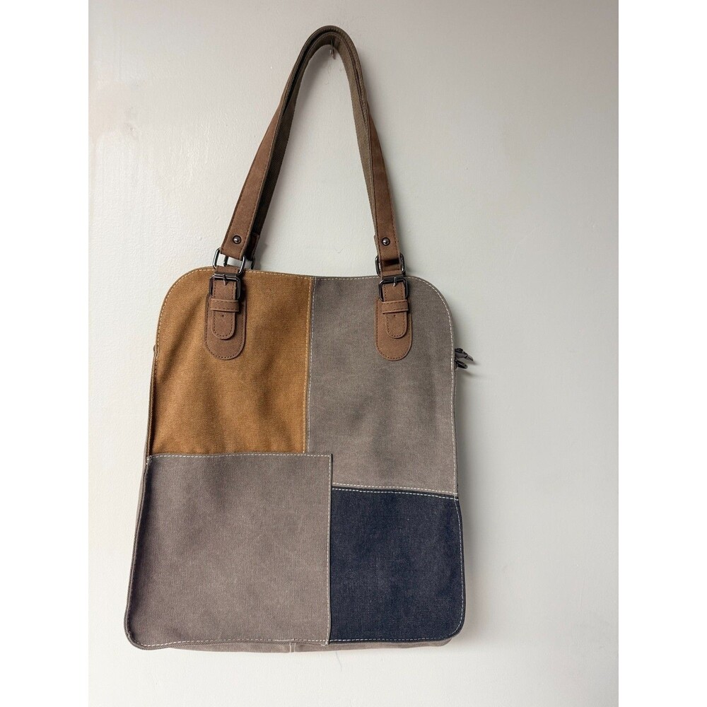 Color Block Tote Shoulder Bag Taupe Navy Zip Top Removable StrapBrown